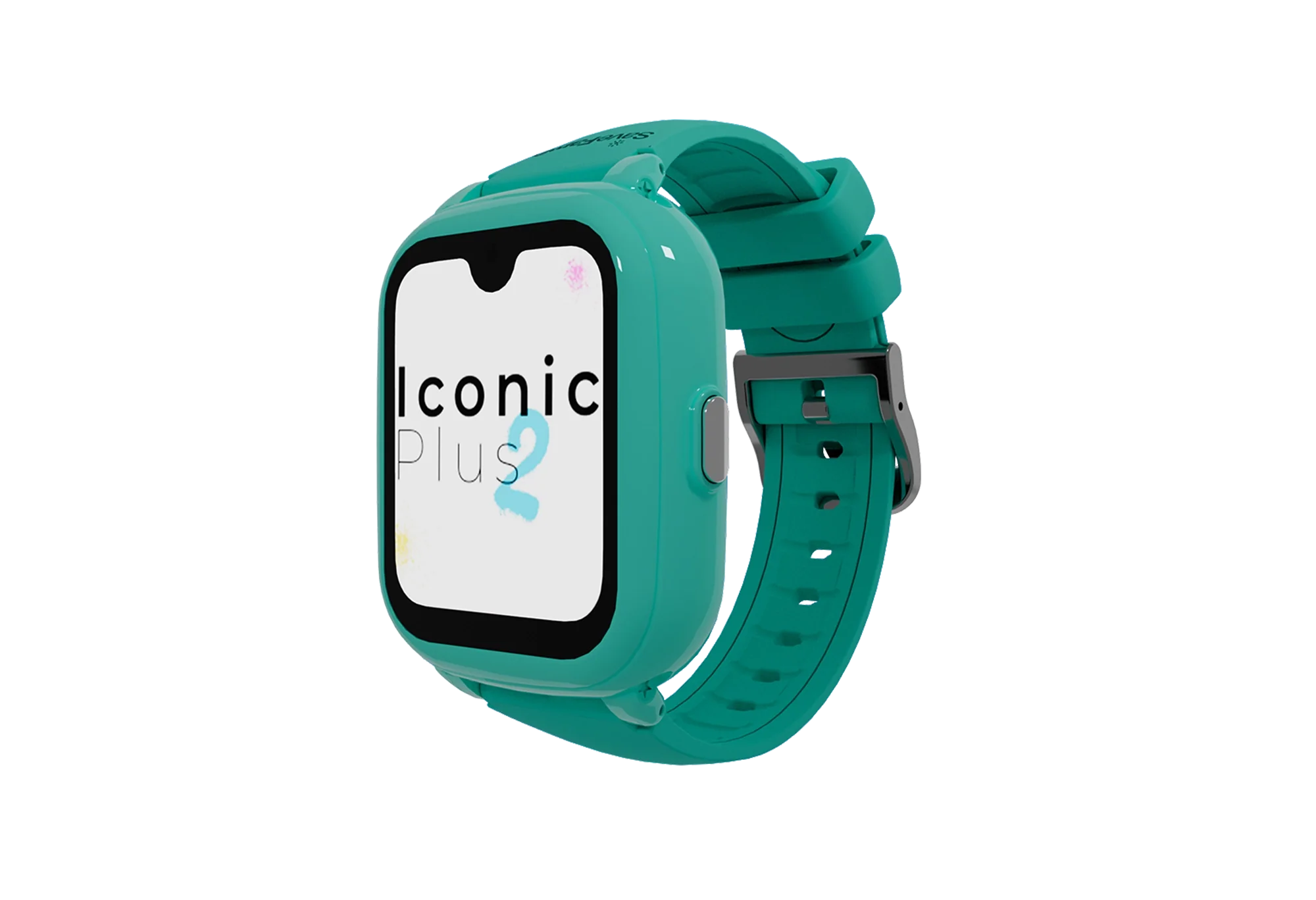 Close-up do SaveWatch Iconic Plus 2 em cor verde-água (teal), com bracelete desportiva e ecrã a exibir "Iconic Plus 2".
