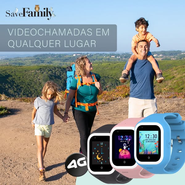 Família a fazer caminhada, com a legenda "Videochamadas em qualquer lugar" e o ícone 4G, mostrando os relógios SaveWatch Iconic Plus 2 em diferentes cores.