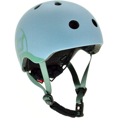 Capacete Scoot & Ride azul 45-51cm (2-5 anos) em estúdio, mostrando detalhes e ventilação.