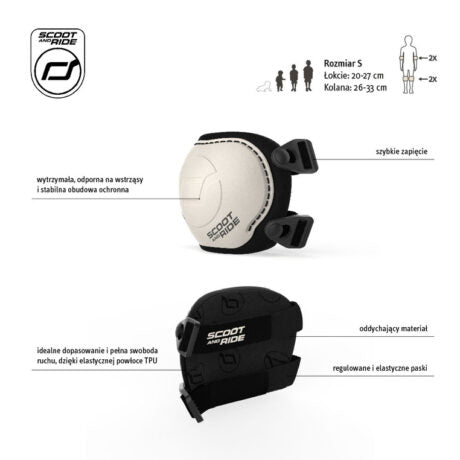 Diagrama informativo das proteções Scoot & Ride, mostrando características como fecho rápido, material respirável e tamanhos (S).