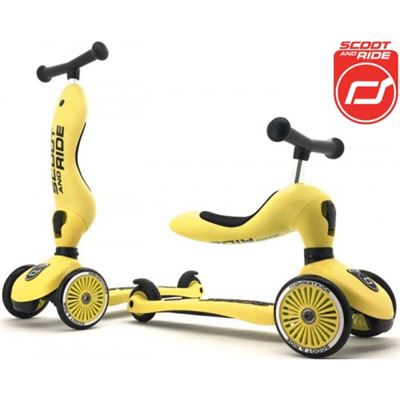 Trotinete 2 em 1 Scoot & Ride Highwaykick 1 amarela, apresentada nos modos bicicleta de equilíbrio e trotinete, com logótipo do fabricante.