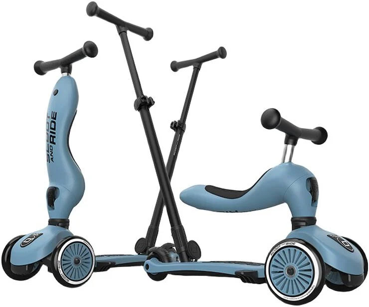 Comparação das duas configurações da trotinete Scoot & Ride: modo sentado com barra parental e modo trotinete em pé.