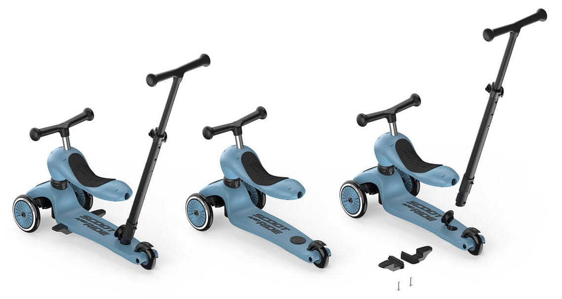 Comparação dos três modos da trotinete Scoot & Ride Highwaykick 2 em 1: modo assento, modo trotinete e peças de conversão.