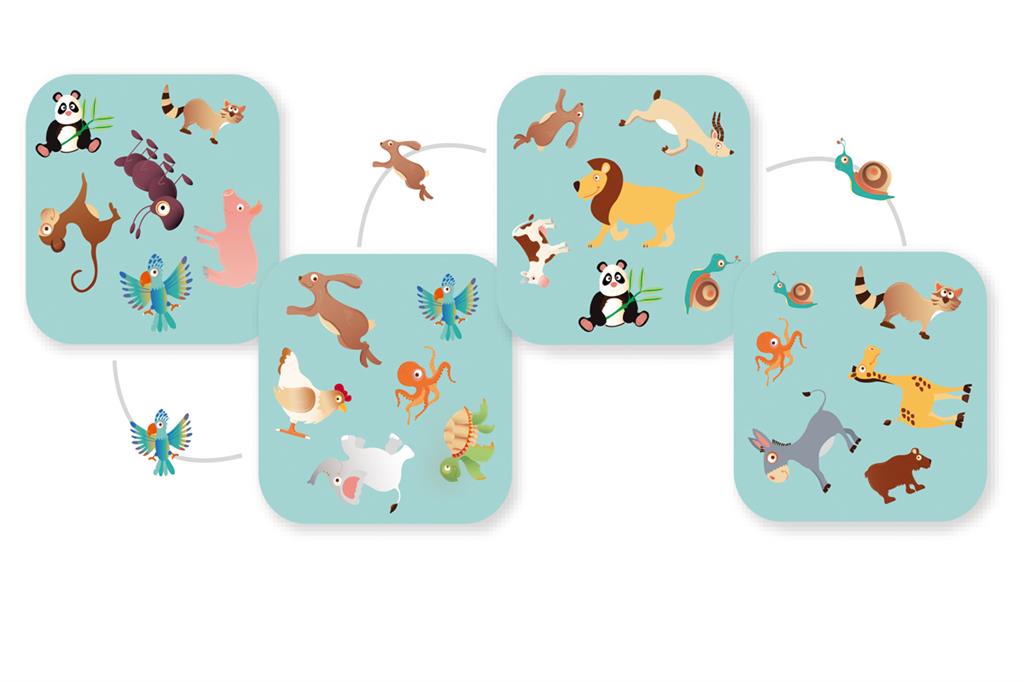 Detalhe das cartas do jogo Scratch Raccoon Match, mostrando os diferentes animais ilustrados e o seu formato quadrado.