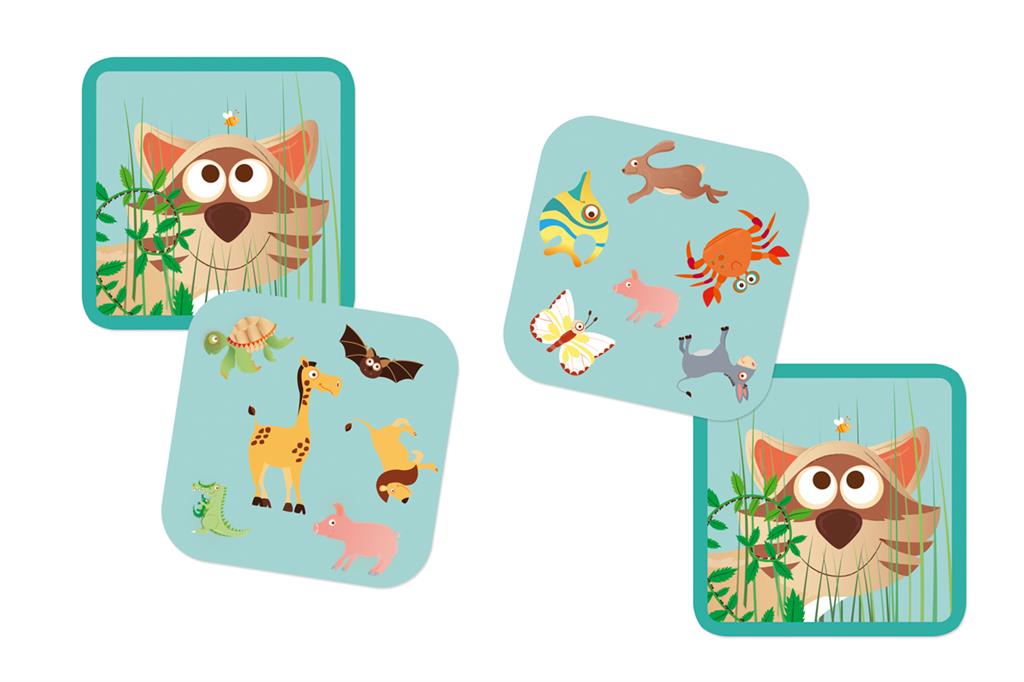 Duas cartas do jogo Scratch Raccoon Match lado a lado, mostrando um exemplo de par correspondente de animais.