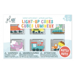 Conjunto de 6 Cubos de Luz GloPals AUTO ativados por água, mostrando ilustrações de veículos como camião de bombeiros, táxi e avião.