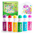 Kit de marcadores de pontos Jarmelo com seis frascos de tinta colorida (roxo, vermelho, amarelo, verde, azul, rosa) e folhas de atividade com desenhos para colorir.