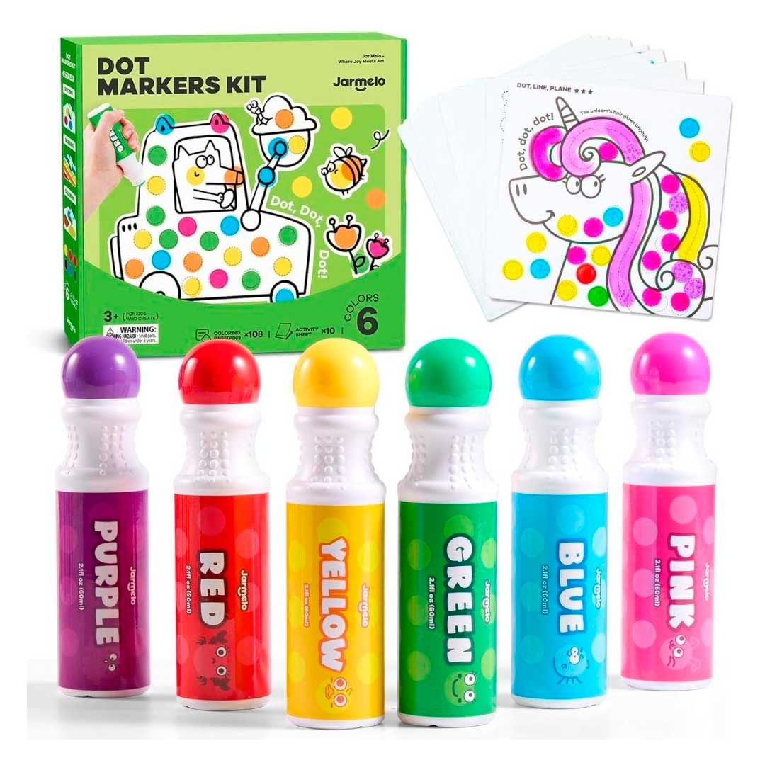 Kit de marcadores de pontos Jarmelo com seis frascos de tinta colorida (roxo, vermelho, amarelo, verde, azul, rosa) e folhas de atividade com desenhos para colorir.