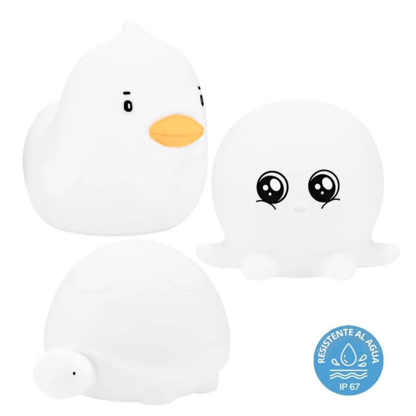 As três lâmpadas Rabbit e Friends (patinho, polvo, tartaruga) na sua forma original branca, com um selo de "Resistente à Água IP67" visível.