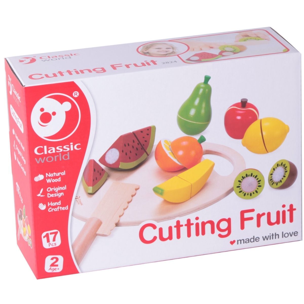 Embalagem do Classic World Cutting Fruit, mostrando o conteúdo do conjunto de frutas para cortar e a marca.