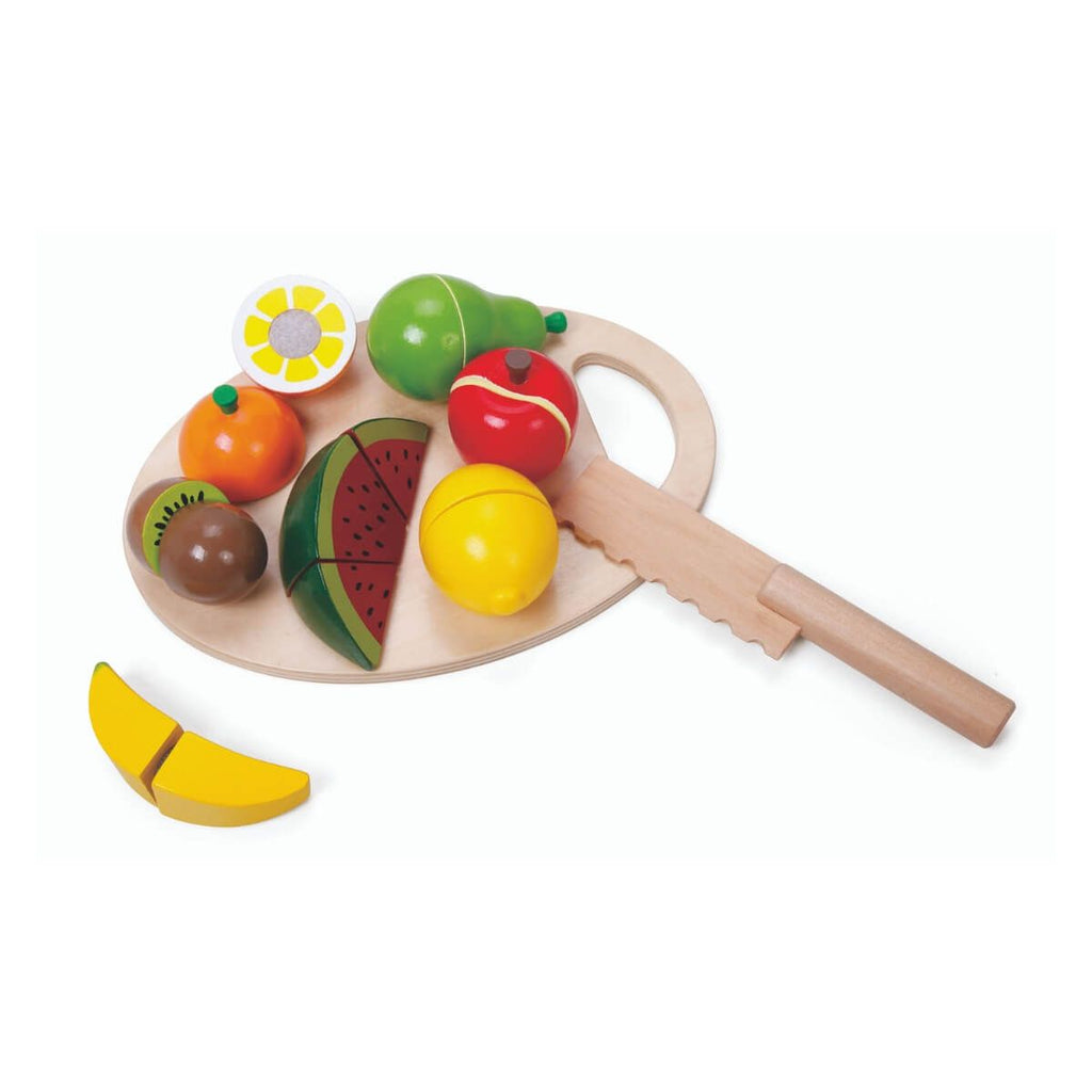 Classic World Conjunto de frutas para cortar, com faca e tábua de madeira, exibindo maçã, pera, kiwi, laranja, limão, melancia e banana.