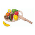 Classic World Conjunto de frutas para cortar, com faca e tábua de madeira, exibindo maçã, pera, kiwi, laranja, limão, melancia e banana.