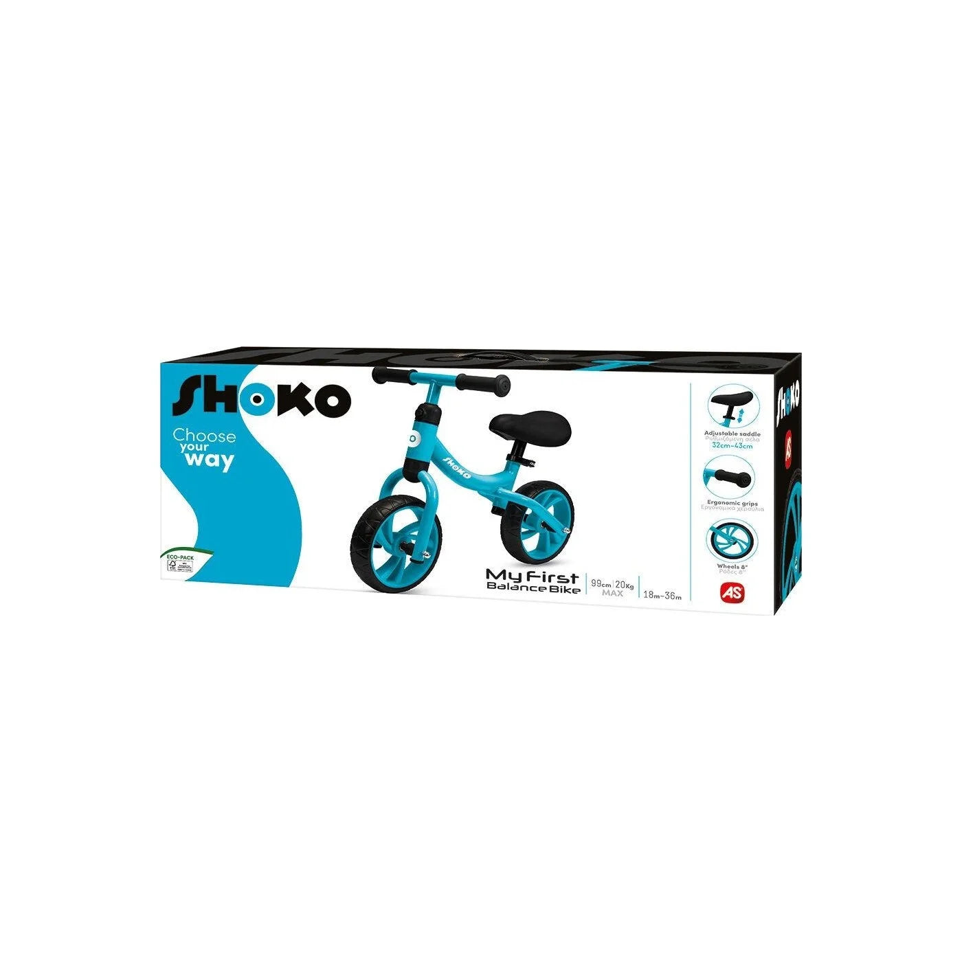 Embalagem da bicicleta de equilíbrio Shoko My First, destacando características como selim ajustável (32-42cm) e rodas de 8 polegadas.