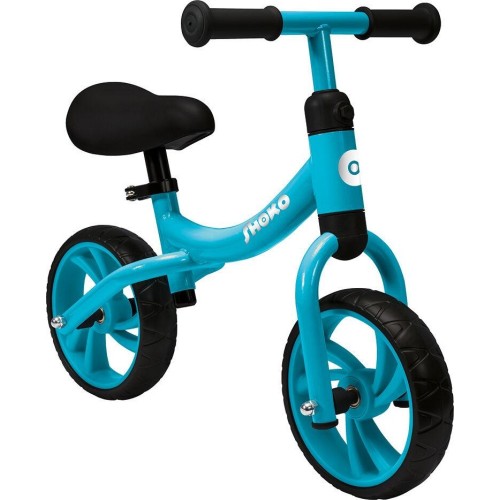 Bicicleta de equilíbrio Shoko azul-turquesa para bebés, vista lateral, com rodas de 8 polegadas e selim ajustável.