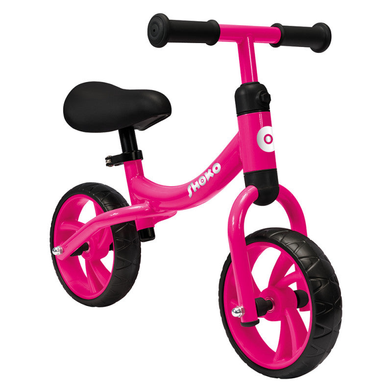 Bicicleta de equilíbrio Shoko sem pedais na cor rosa choque, vista frontal, ideal para crianças pequenas.