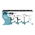 Caixa da trotinete Shoko 3 em 1, mostrando as três fases de utilização: orientação parental (12m+), equilíbrio (24m+) e scooter (36m+).