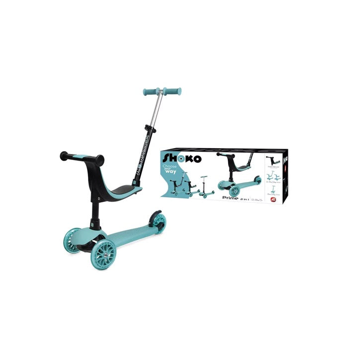 Configuração completa da trotinete Shoko 3 em 1 azul (modo assento) ao lado da sua caixa de venda, destacando a versatilidade do produto.