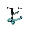 Trotinete 3 em 1 Shoko azul, configurada no modo de equilíbrio com assento, com indicação "24m+" para a idade recomendada.