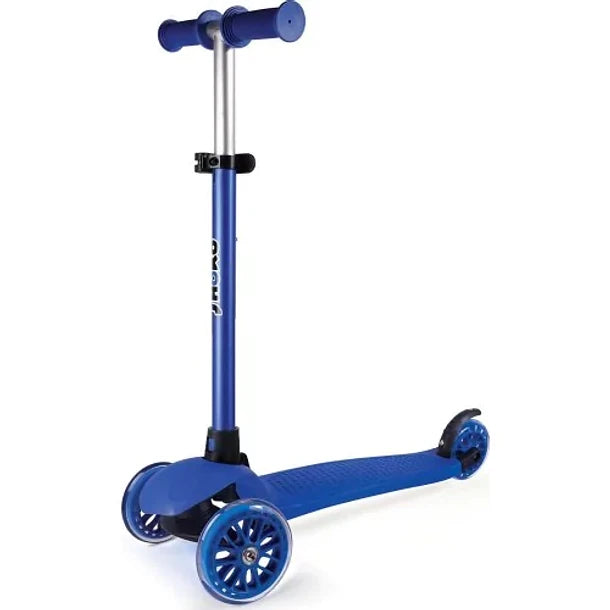 Trotinete de 3 rodas Shoko Go Fit azul, vista frontal, com guiador ajustável e rodas transparentes.