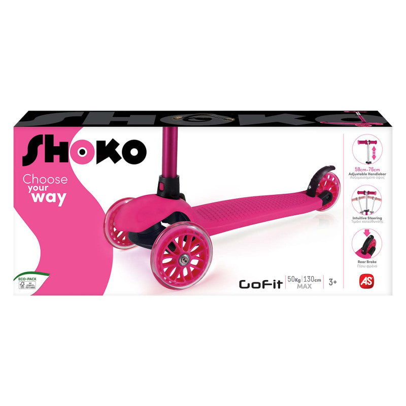 Embalagem da trotinete Shoko Go Fit rosa, destacando as especificações: altura ajustável (55-69cm), peso máx. 50kg, idade 3+.