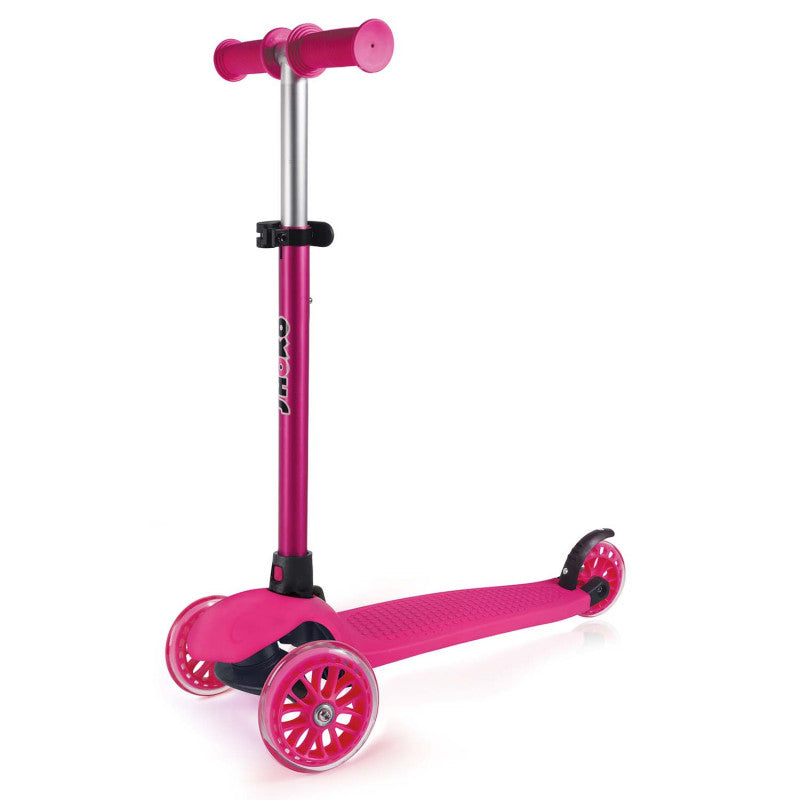 Trotinete de 3 rodas Shoko Go Fit rosa, vista frontal, com guiador ajustável e plataforma antiderrapante.