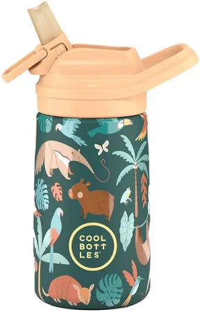 Garrafa Térmica Cool Bottles Rainforest Refuge 350ml com bocal aberto, design colorido de floresta tropical.