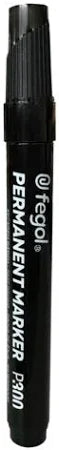Marcador permanente Fegol P800 de cor preta com ponta redonda, exibindo a marca e o modelo no corpo do marcador.