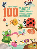 Capa do livro "100 Factos Maravilhosos Sobre Animais Minúsculos" com ilustrações de insetos e uma rã, e o texto "Cola e Aprende".