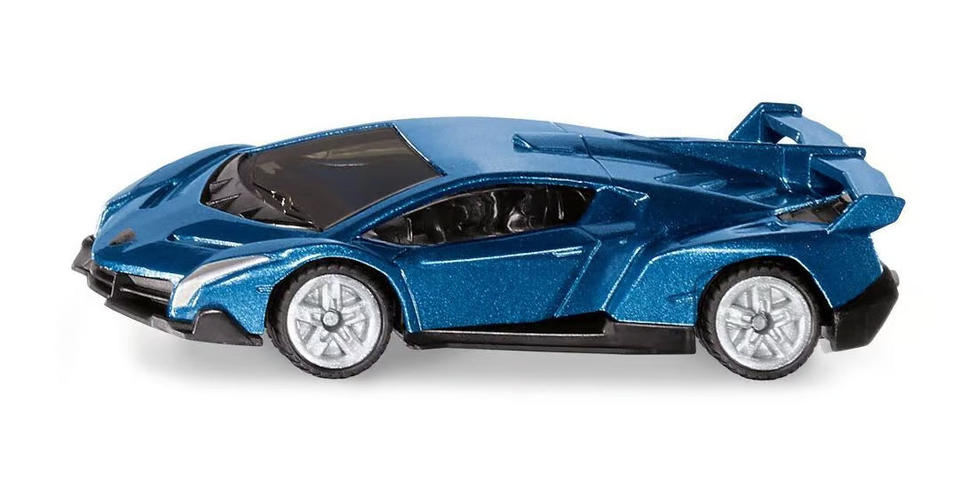 Vista lateral detalhada da miniatura SIKU do Lamborghini Veneno, mostrando a cor azul metalizada brilhante, as jantes prateadas complexas e o design angular aerodinâmico.