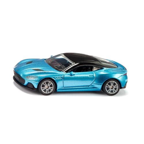 Miniatura SIKU Aston Martin DBS Superleggera azul metalizado com tejadilho preto, vista lateral.