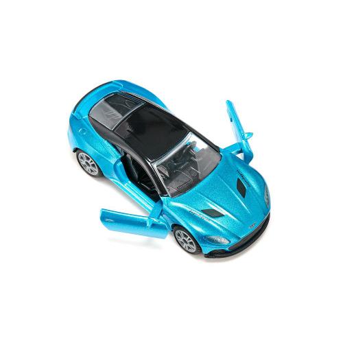 Miniatura Aston Martin DBS Superleggera azul com as portas abertas, vista superior oblíqua, mostrando o interior.