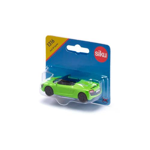 Carrinho miniatura Siku Audi R8 Spyder verde descapotável na embalagem original de cartão e plástico transparente.