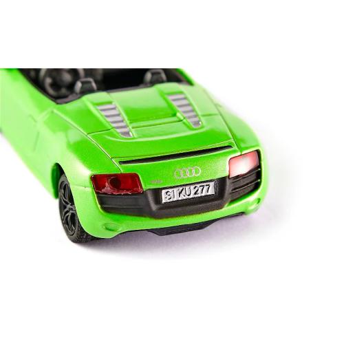 Detalhe da traseira do carrinho miniatura Siku Audi R8 Spyder verde, mostrando a matrícula "SIKU 277" e o design desportivo.