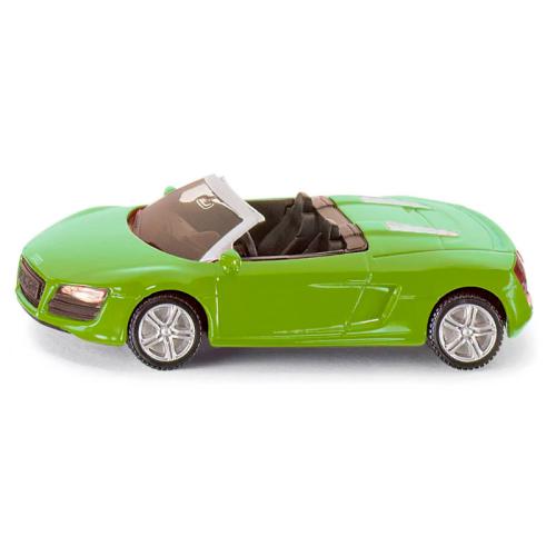 Carrinho miniatura SIKU Audi R8 Spyder verde-lima, vista lateral, mostrando o design desportivo e o interior aberto.