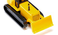 Miniatura SIKU de um bulldozer amarelo, vista frontal inclinada, destacando a lâmina móvel e as lagartas pretas.