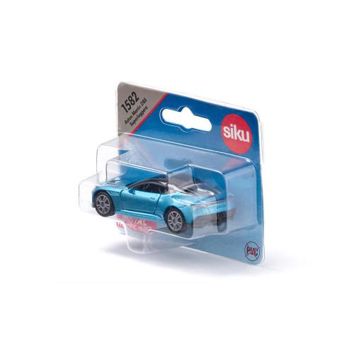 Miniatura SIKU Aston Martin DBS Superleggera azul gelo, em escala, na embalagem de cartão e plástico com o logótipo Siku.