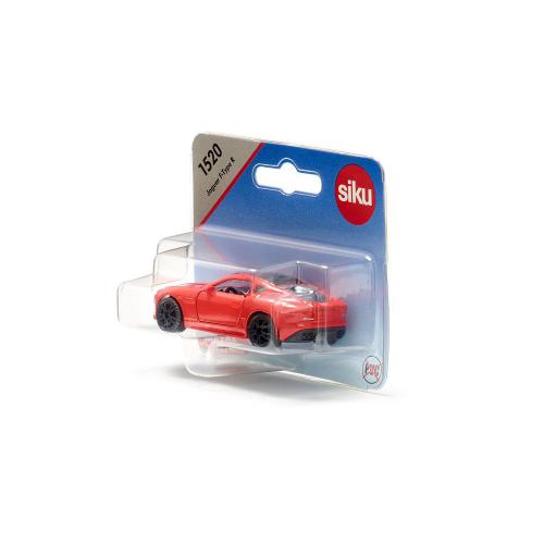 Miniatura SIKU Jaguar F-TYPE R vermelha, modelo 1520, apresentada na embalagem original de cartão e plástico.