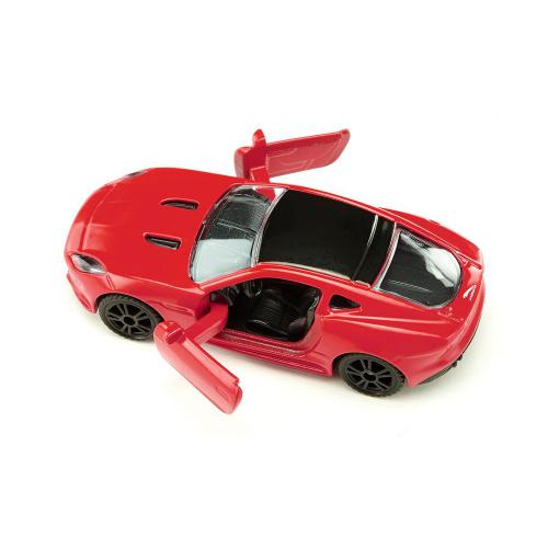 Vista aérea da miniatura Jaguar F-TYPE R vermelha com ambas as portas abertas, destacando o pormenor do habitáculo.