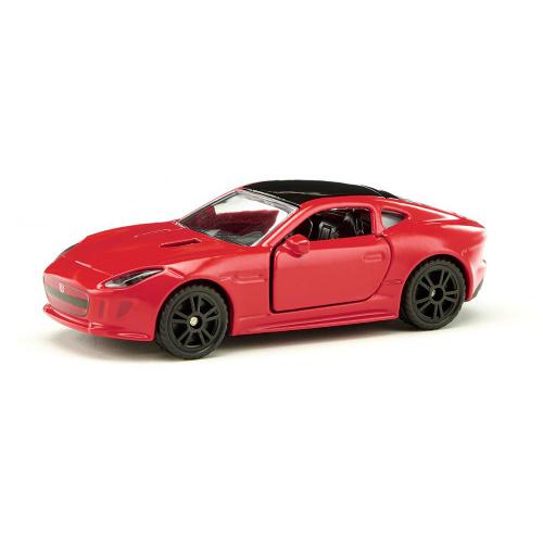 Miniatura SIKU Jaguar F-TYPE R vermelha, vista frontal lateral, destacando o design desportivo e as jantes pretas.