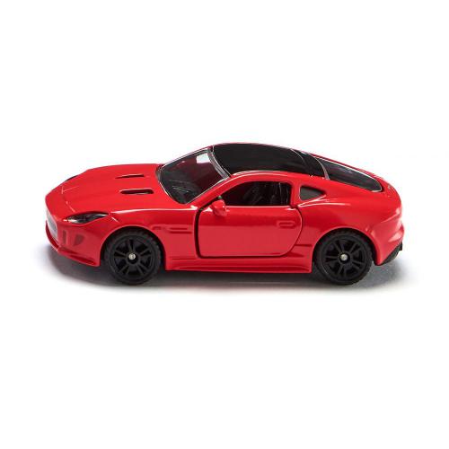 Miniatura SIKU Jaguar F-TYPE R vermelha, vista lateral, com teto preto, fundo branco.