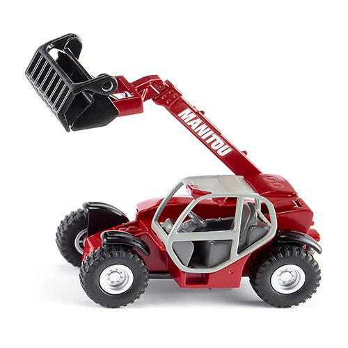 Miniatura Siku do manipulador telescópico MANITOU vermelho, com braço extensível e caçamba preta elevada, fundo branco.