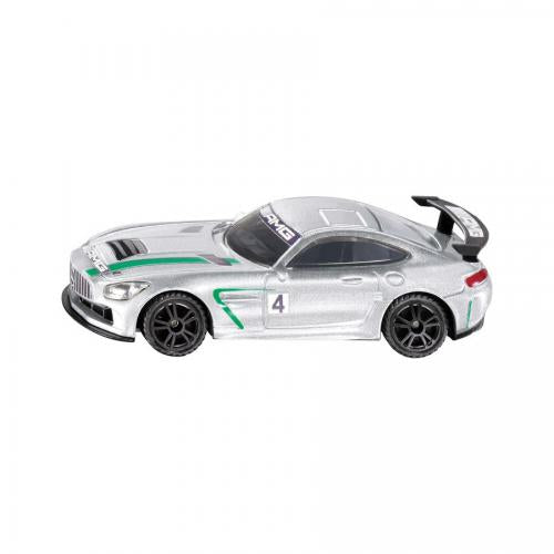 Miniatura SIKU em metal do Mercedes-AMG GT4 de corrida, cor prateada com faixas verdes e o número 4.