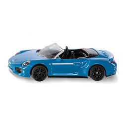 Miniatura SIKU Porsche 911 Turbo S Convertible azul, vista lateral, sem capota, com jantes pretas.