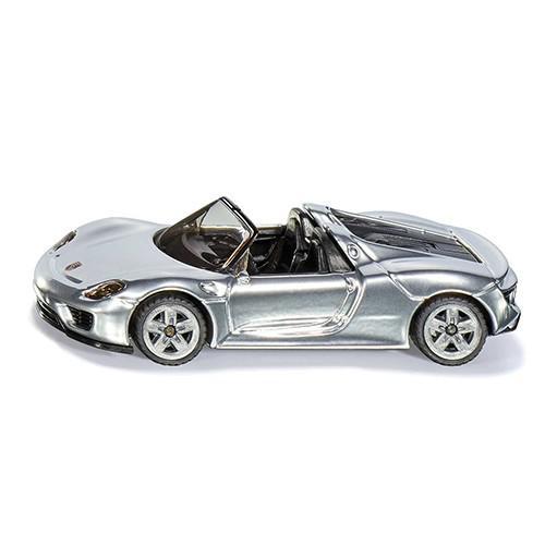 Miniatura SIKU Porsche 918 Spyder prateado descapotável, vista de perfil sobre fundo branco, mostrando o design desportivo e as jantes.