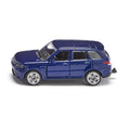 Miniatura SIKU Range Rover SVR azul escuro, vista lateral, com jantes desportivas pretas e engate de reboque.