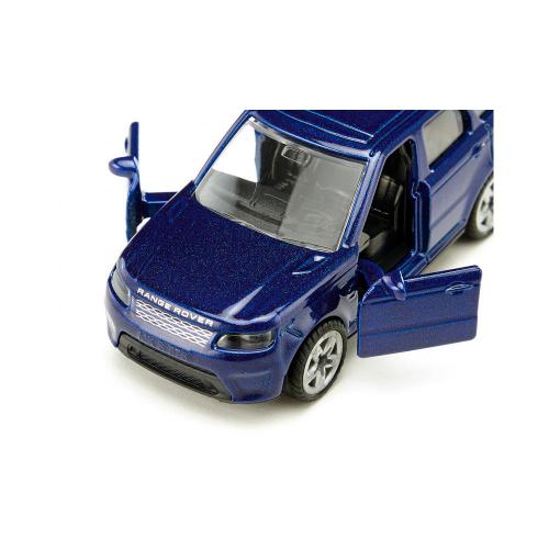 Detalhe frontal da miniatura Range Rover SVR azul com as portas dianteiras abertas, mostrando o interior e a grelha.