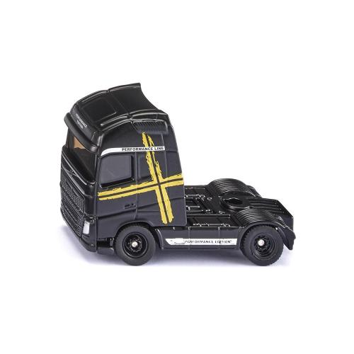 Miniatura SIKU Volvo FH16 Performance preta com decalque amarelo em forma de X, vista lateral isolada.