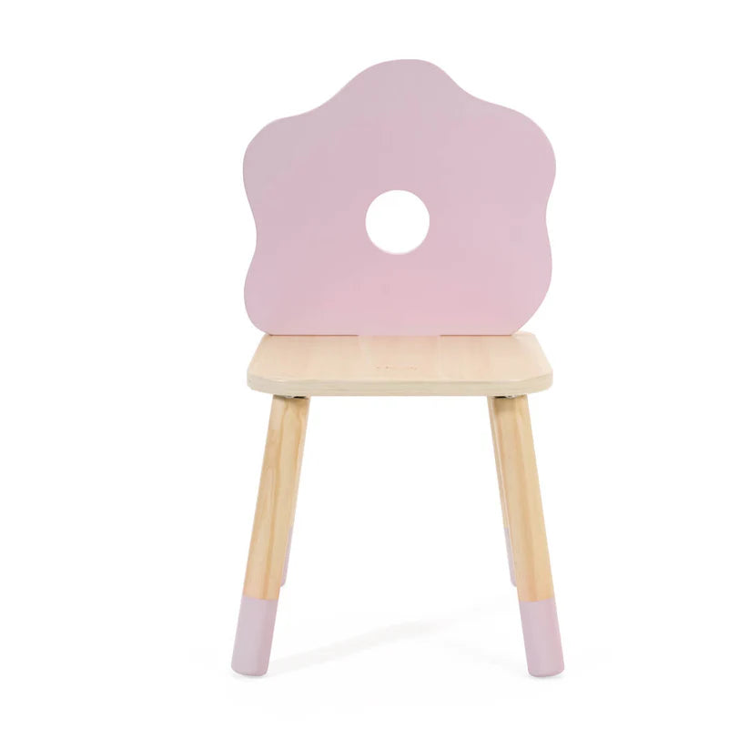 Cadeira de madeira Classic World Grace rosa em forma de flor com buraco no meio do encosto.