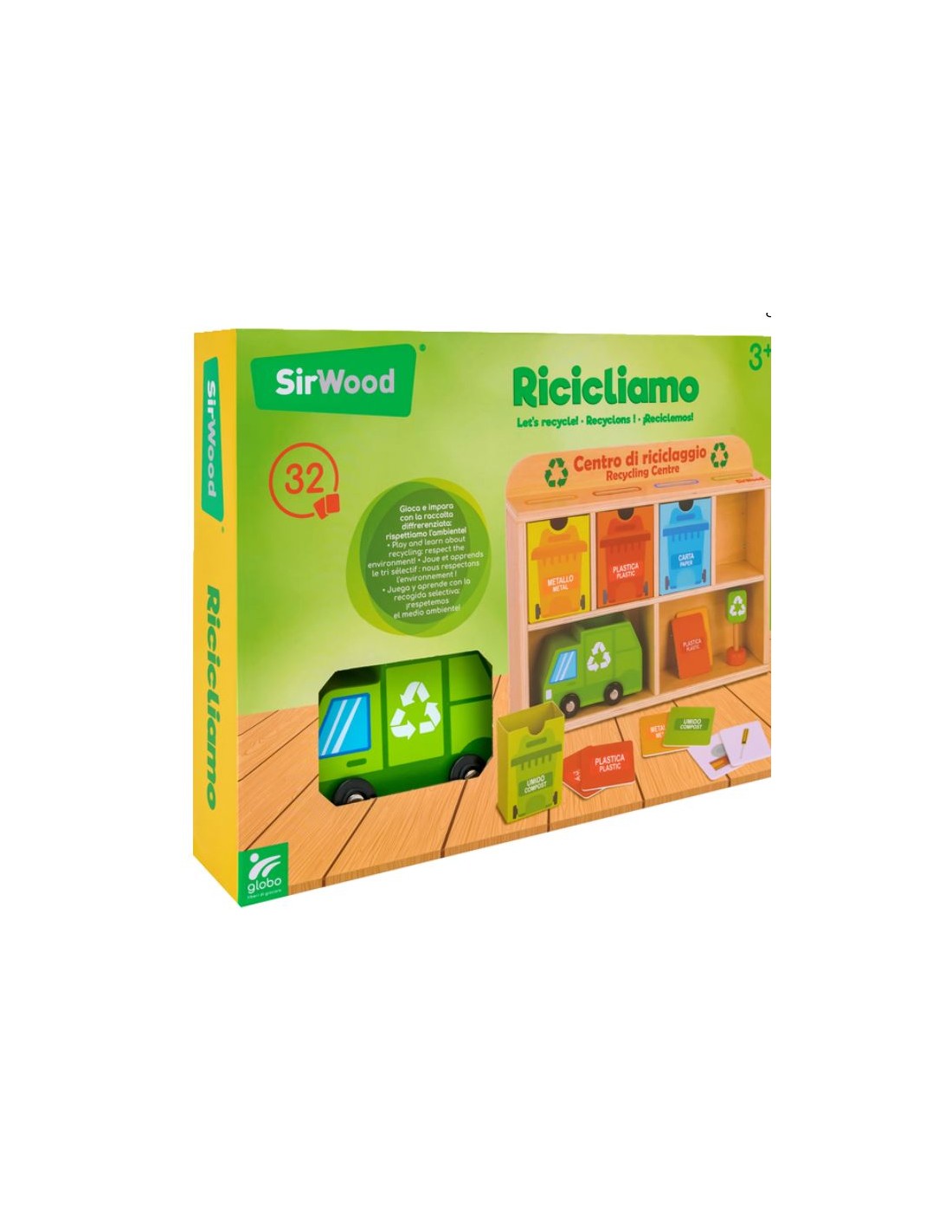 Caixa do jogo de reciclagem em madeira SirWood, mostrando centro, camião e cartas. Aprender a reciclar. (+3 anos)