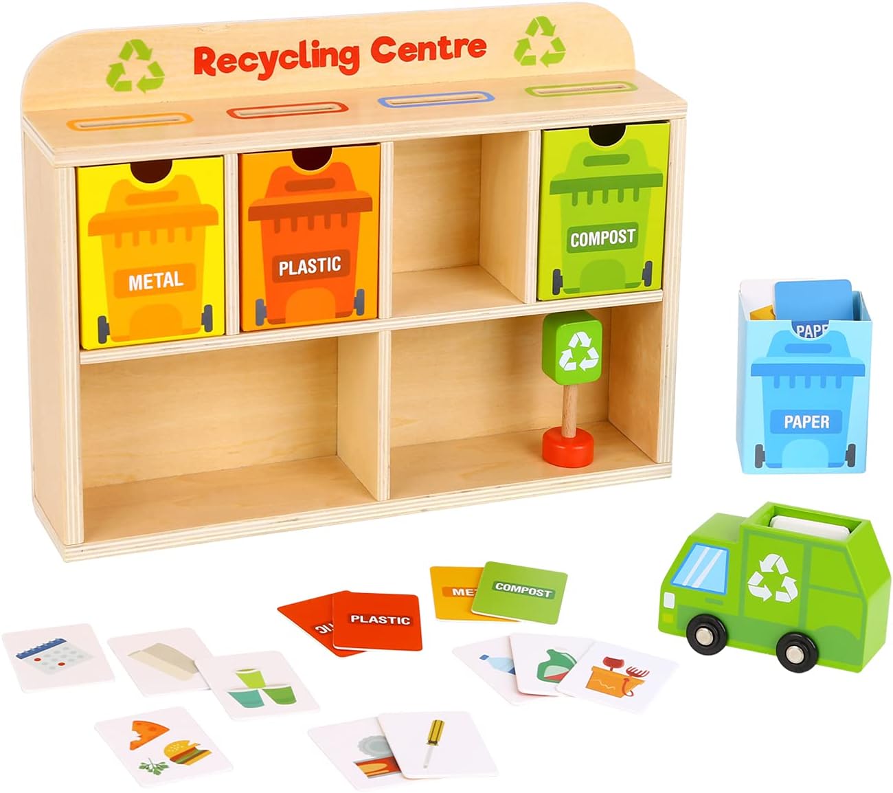 Componentes do jogo SirWood de reciclagem em madeira: centro, caixotes, camião e cartas de lixo. Brinquedo educativo.
